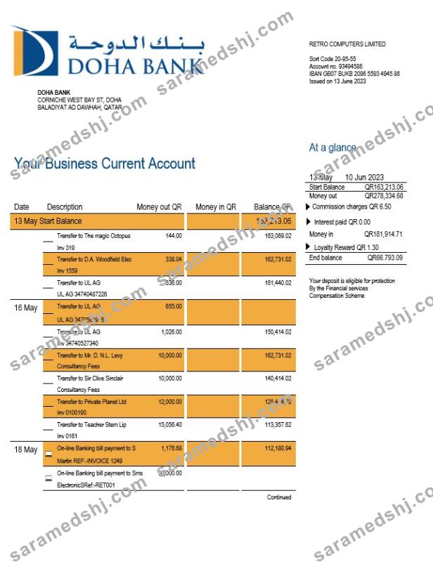 Doha Bank organization checking account statement Word and PDF template